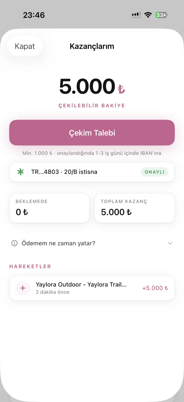 fefacollab uygulamasında cüzdan ekranı — çekilebilir bakiye ve IBAN'a çekim