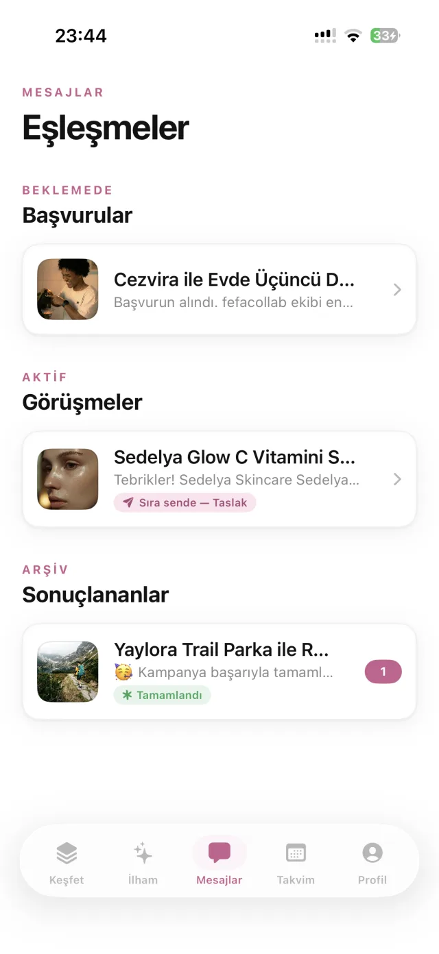 fefacollab uygulamasında eşleşmeler ekranı — kampanya süreçleri ve mesajlaşma