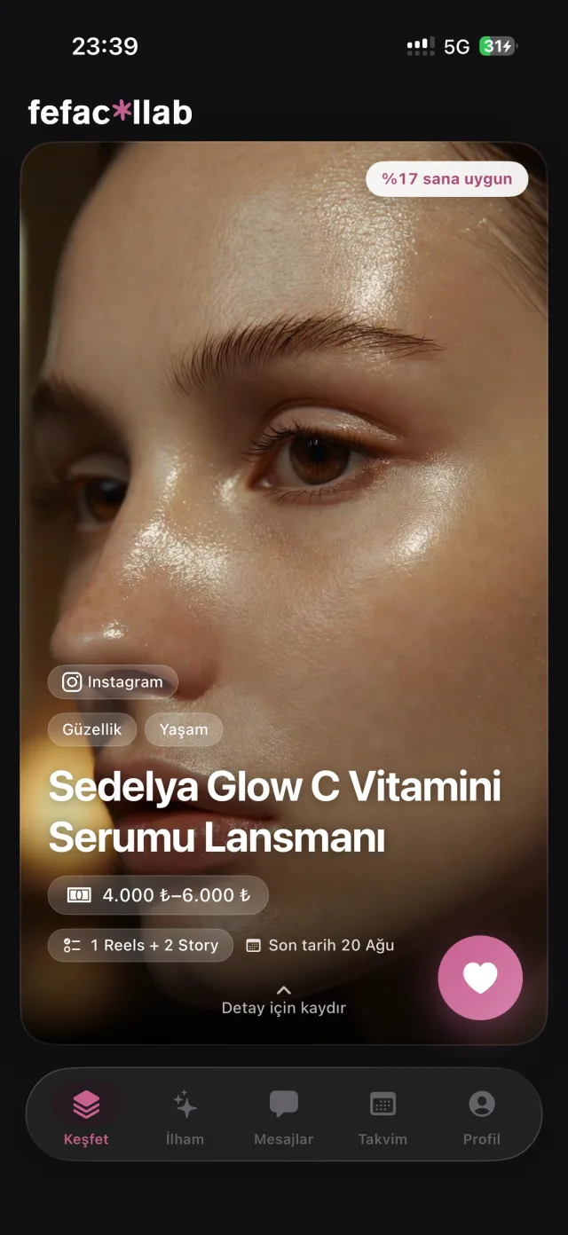 fefacollab creator uygulamasının Keşfet ekranı — kampanya kartı