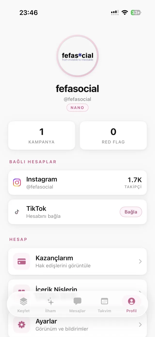 fefacollab uygulamasında profil ve kazançlar ekranı